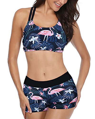 Tummy Control Modest Swimwear Boy Shorts 3 Piece Sets For Women-Black Flamingo
