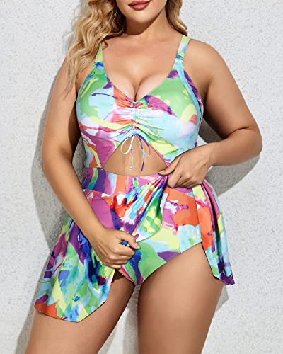 Women Plus Size Cutout Swimdress Tie Front V Neck Bathing Suits-Color Tie Dye