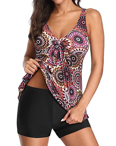 V Neck Tankini Bathing Suits Removable Padded Bras For Women-Brown Print