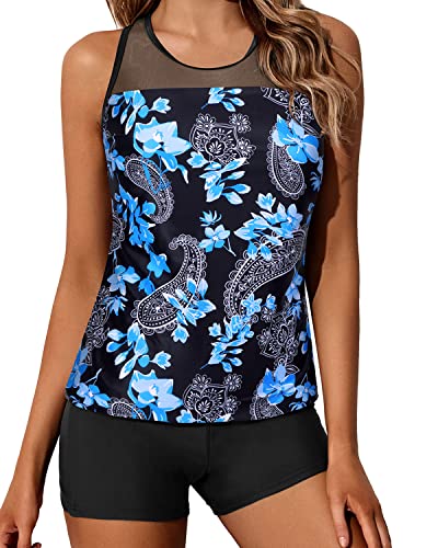 Women's Modest Two Piece Bathing Suits See-Through Mesh Top-Black Floral