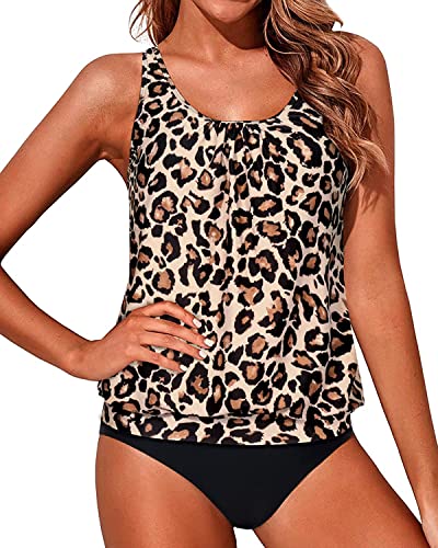 Loose Fit Tankini Swimwear Mid Waist Bottom For Tummy Control-Black And Leopard