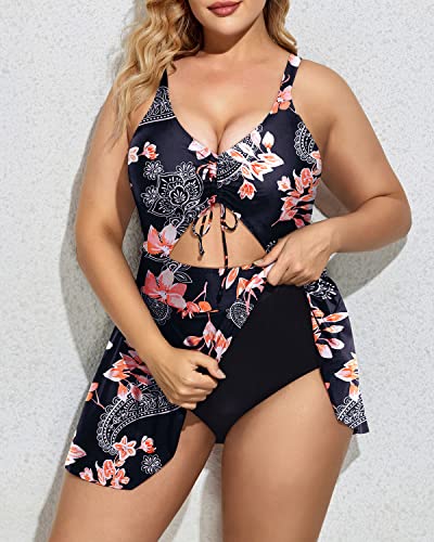 Plus Size V Neck Tie Front One Piece Swimdress Cutout Bathing Suits For Women-Black Pink Flowers