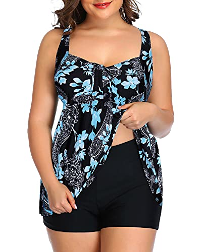 Cute And Covered Tankini Swimsuits Shorts For Women-Black Floral