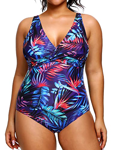 Twist Front Cross Plus Size Swimsuit For Women Slimming Bathing Suit-Blue Leaves