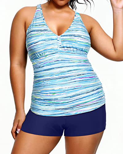 Women's Plus Size Adjustable Shoulder Straps Tankini Swimsuit-Blue Striped