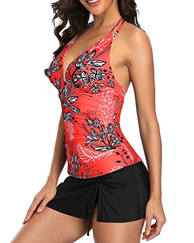 Best High Waisted Tummy Control Tankini Sets-Red Floral