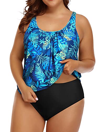 Women's Plus Size Two Piece Swimsuit Blouson Tankini Swimsuit-Blue Leaves