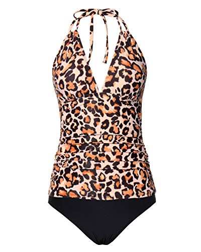 Two Piece Sexy V Neck Tankini Swimsuits Open Back-Black And Leopard