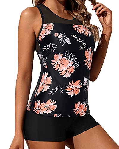 Ladies Mid-Waist Solid Boyleg Bottom Tankini Swimsuit-Black Orange Floral