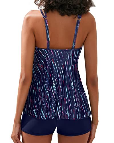 Full Coverage Swim Shorts Loose Fit 2 Piece Swimsuit Tankini-Navy Blue