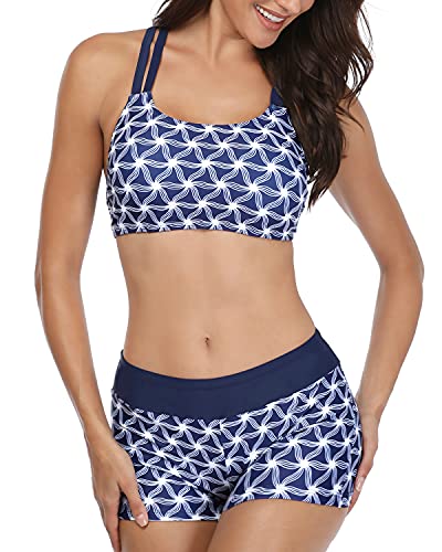 Trendy Athletic Tankini Swimsuits For Women-Navy Blue Tribal