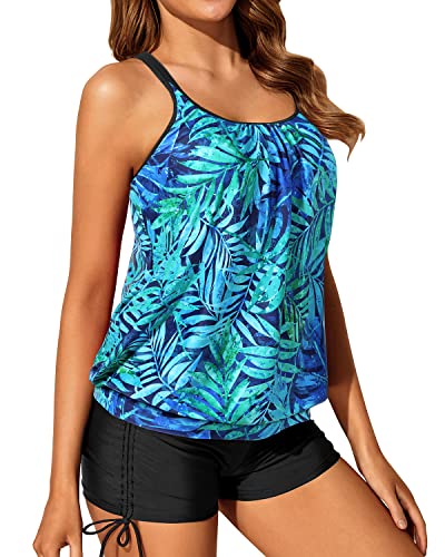 Slimming Push Up Padded Bra Blouson Tankini Swimsuit Shorts-Dark Blue Green Leaves