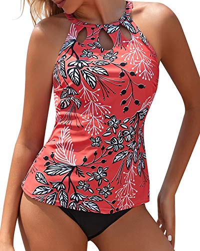 Two Piece High Neck Tankini Swimsuits For Women Tummy Control Bathing Suits-Red Floral