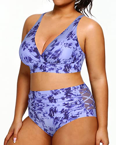 Women's Plus Size Bikini High Waisted Two Piece Swimsuits Tummy Control-Blue Tie Dye