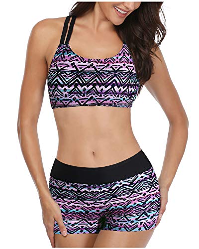 Comfortable And Modest 3-Piece Swimsuit For Women-Black And Tribal Purple
