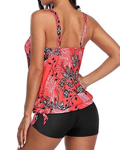 Blouson Tankini Top Shorts Tummy Control Tankini Bathing Suit For Women-Red Floral