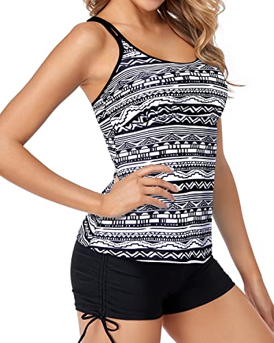 Scoop Neck Adjustable Shoulder Straps Two Piece Swimsuits For Women-Black Tribal