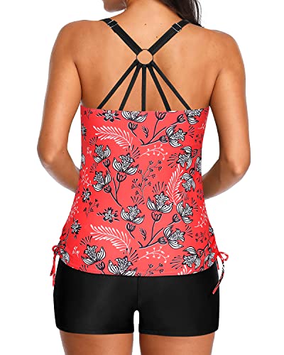 Womens Swimming Suits Tankini Drawstring Tie Side Bathing Suits-Red Floral