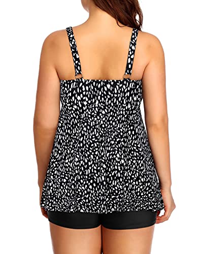 Plus Size Black Boyleg Bottom Tankini Swimsuits For Women-Black White Dots
