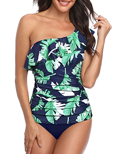 Sexy Asymmetric Neckline One Shoulder Tankini Swimsuits For Women-Blue Leaf