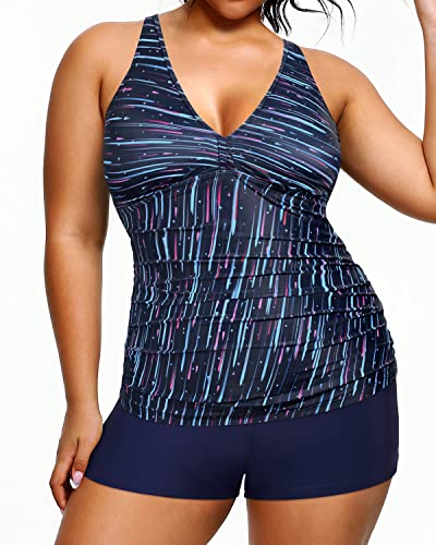 Women's Plus Size Tummy Control Tankini Swimsuit Shorts-Navy Blue