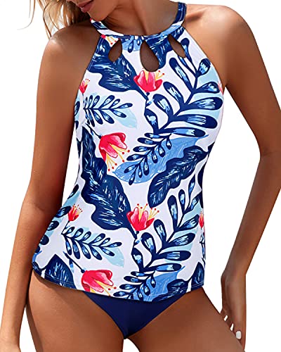 High Waisted Swim Bottom Tummy Control Backless Tankini-White And Blue Floral