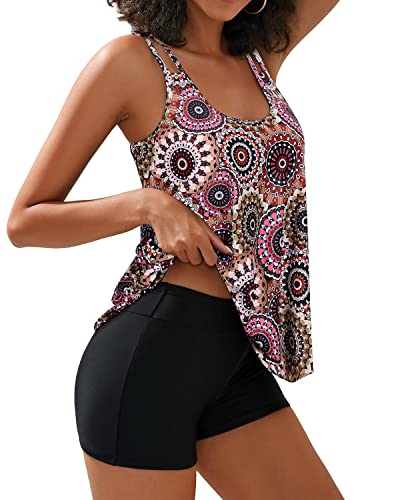 Flowy Tankini Tops Removable Push Up Bra And Boy Shorts Swimwear-Brown Print