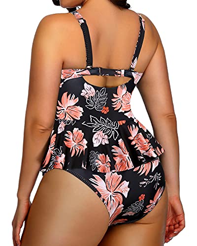 Plus Size Peplum Tankini Tops High Waisted Swimwear-Black Orange Floral