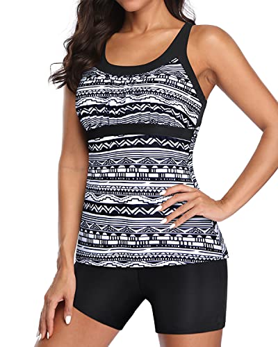 Athletic Racerback Two Piece Tankini Bathing Suits For Women-Black Tribal