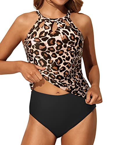 High Waisted Tummy Control Tankini Set For Full Coverage-Black And Leopard