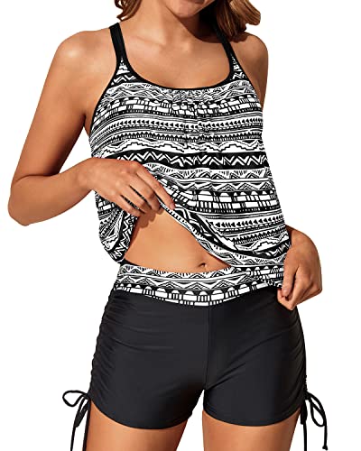 Sporty Women's Blouson Tankini Swimsuit Two Piece Strappy Bathing Suit-Black Tribal
