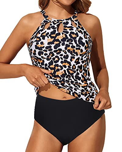 Two Piece High Neck Halter Tankini Set For Women-Black And Leopard