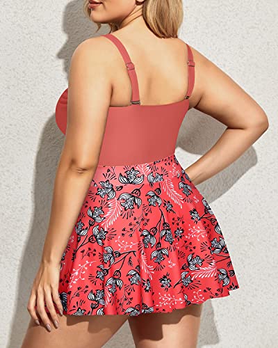 V Neck Swimdress Cutout One Piece Swimsuits Skirt Plus Size Bathing Suits-Pink Flower