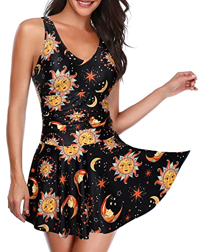 Modest Tummy Control Swim Dresses For Women One Piece-Black Sun And Moon