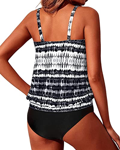 Modest Two Piece Blouson Tankini Bathing Suits For Women-Black And White Tribal
