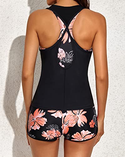 3 Piece Athletic Swim Tank Tops Sports Bra And Boyshorts-Black Orange Floral