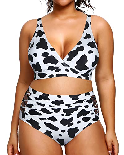 Plus Size High Waisted Bikini Two Piece Swimsuits Tummy Control Swimwear-Black And White Cow Pattern