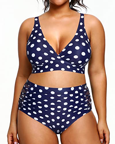 Women's Plus Size Bikini Bathing Suits Tummy Control Swimwear-Blue Dots