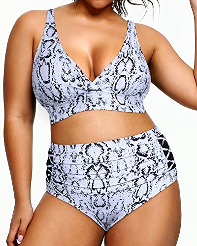Stylish Tummy Control Plus Size Two Piece Bathing Suits-Snake Print