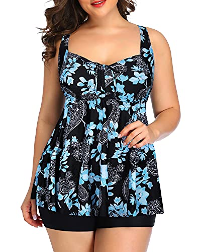 Cute And Covered Tankini Swimsuits Shorts For Women-Black Floral
