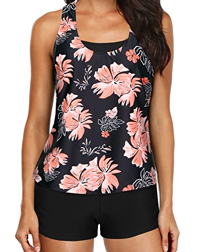 Push Up Padded Tankini Tank Tops Bra And Boyshorts-Black Orange Floral
