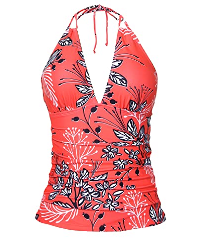 Slimming Double Strap Front Shirred Open Back Tankini Tops For Women Swimwear-Red Floral