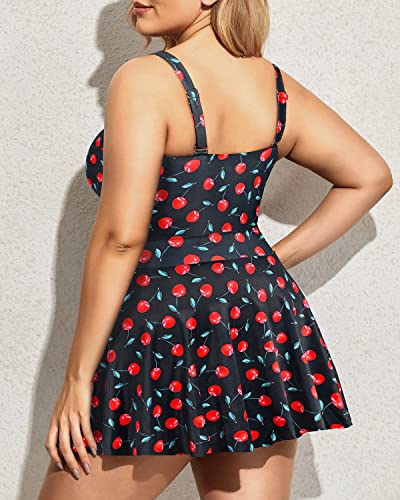 Plus Size Cutout Swim Dress Built-In Bottom Full Bottom Coverage For Women-Black Cherry