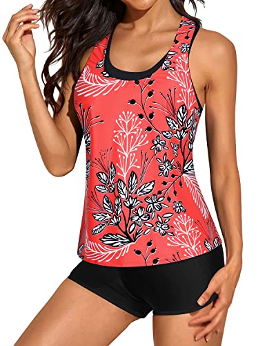 3 Piece U-Neck Tankini Top Shorts For Women-Red Floral