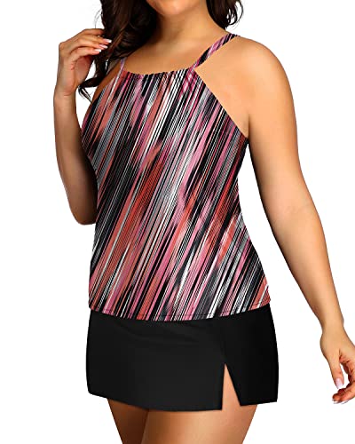 Women Plus Size Tankini Skirt Tummy Control Bathing Suits-Pink Stripe