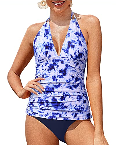 Halter Tankini Swimsuits V Neck Tops Bikini Bottom Tummy Control Swimwear-Blue Tie Dye