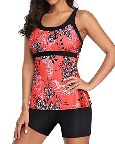 U Neck Swim Tank Top Tummy Control And Boyshorts Modest Swimwear-Red Floral