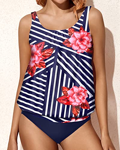 Charming Two Piece High Neck Tankini Bathing Suits For Women-Blue Floral