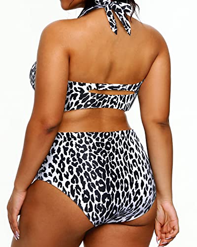 Plus Size Women's Halter Bikini Swimsuit Tummy Control Two Piece-Gradient Leopard