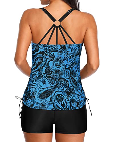Adjustable Strappy Back Tummy Control Two Pieces Tankini Bathing Suits-Black And Tribal Blue